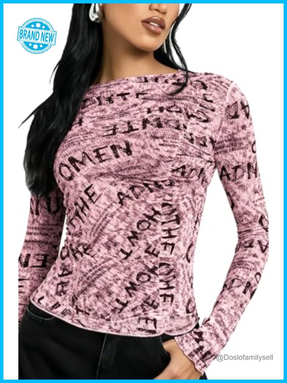 Women's Sheer Mesh Long Sleeve Letter Print Top Y2K See Through Blouse